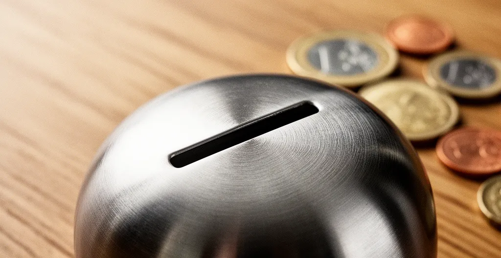 Vue macro d'une tirelire moderne métallique sur un bureau en bois avec des pièces européennes et des billets floutés en arrière-plan