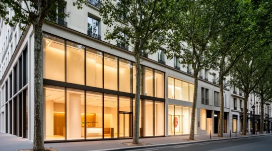 Façade moderne d'un local commercial avec locataire en France