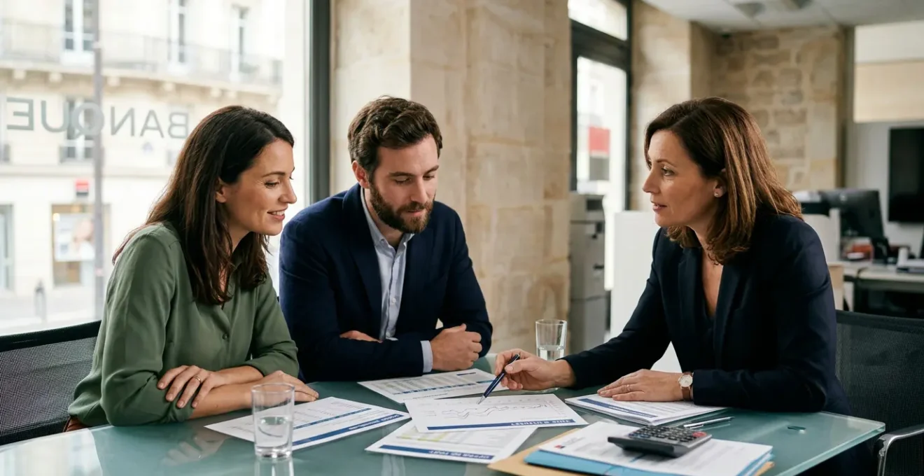 Réunion de négociation de crédit immobilier avec conseiller bancaire et documents financiers