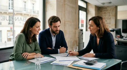 Réunion de négociation de crédit immobilier avec conseiller bancaire et documents financiers