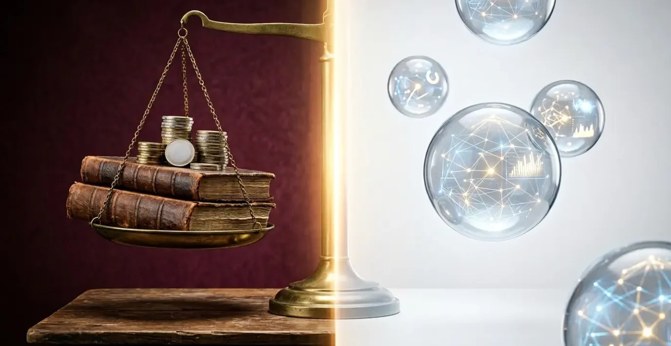 Comparaison visuelle entre services bancaires traditionnels et modernes pour patrimoine de 50 000 euros