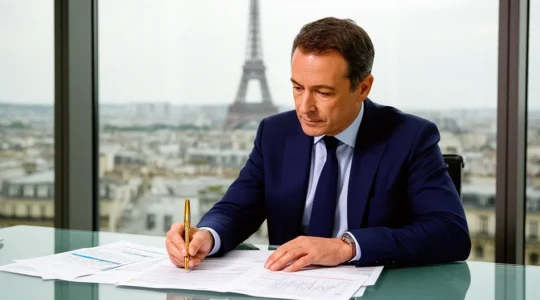 Portrait d'un cadre français analysant des documents fiscaux dans un bureau moderne avec vue sur Paris