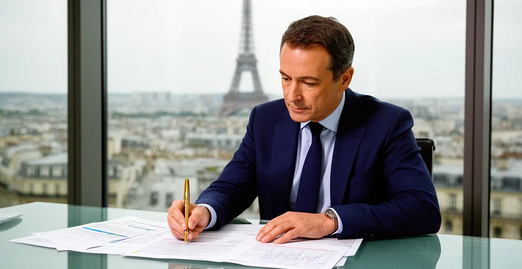 Portrait d'un cadre français analysant des documents fiscaux dans un bureau moderne avec vue sur Paris