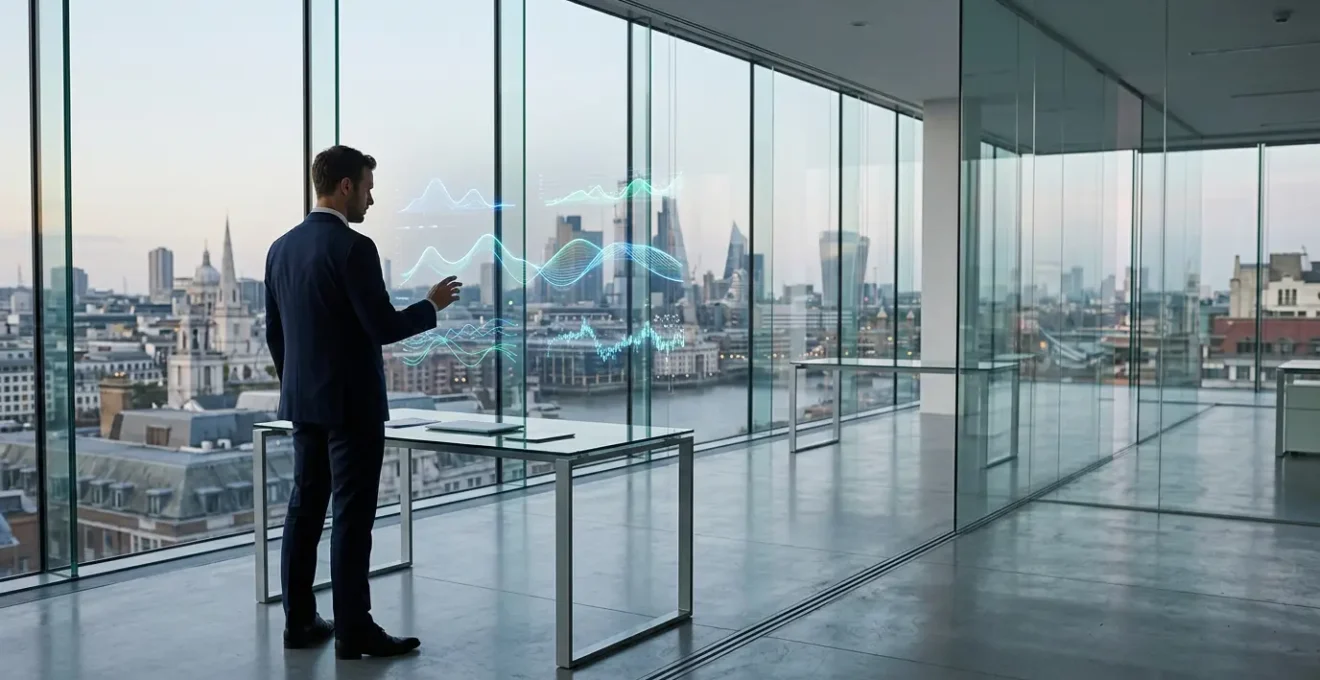 Un investisseur analysant plusieurs graphiques et courbes de portefeuille sur un écran large dans un environnement moderne