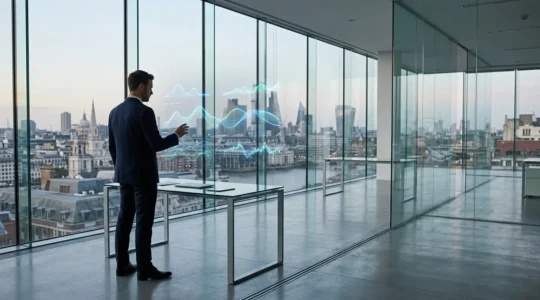 Un investisseur analysant plusieurs graphiques et courbes de portefeuille sur un écran large dans un environnement moderne