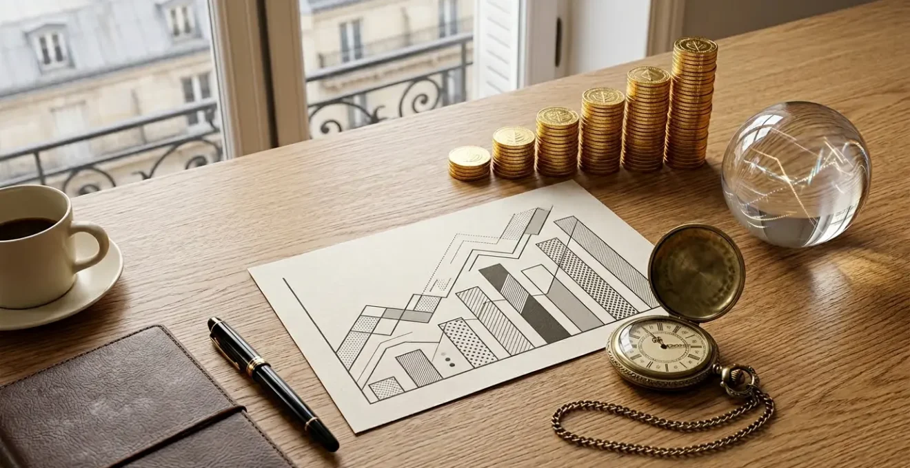 Vue plongeante d'un bureau d'investisseur avec graphiques de rendement et calculatrice financière