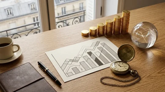 Vue plongeante d'un bureau d'investisseur avec graphiques de rendement et calculatrice financière