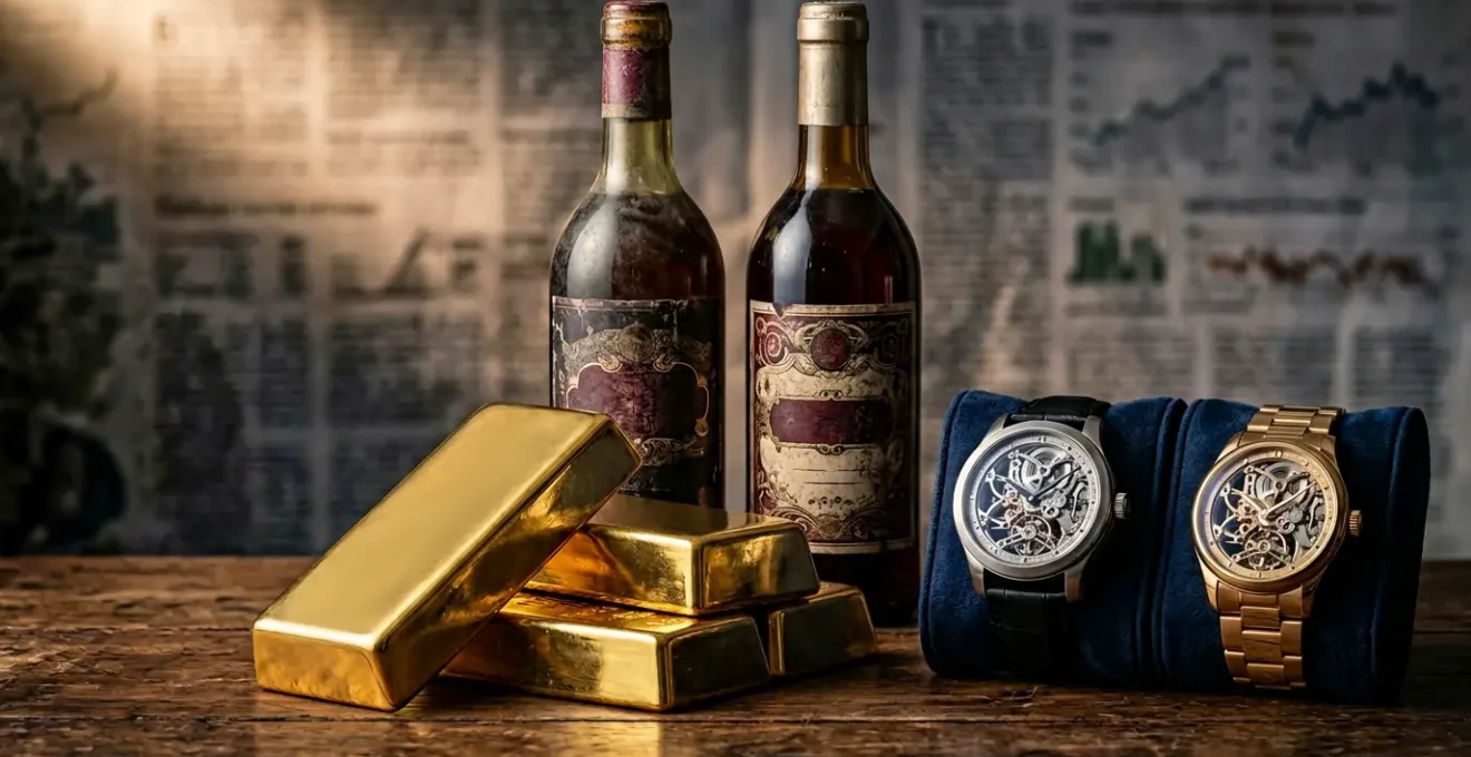 Composition d'investissements alternatifs présentant des lingots d'or, bouteilles de vin et montres de luxe pour protéger son capital