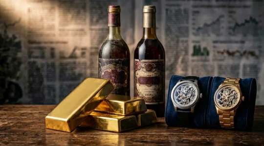 Composition d'investissements alternatifs présentant des lingots d'or, bouteilles de vin et montres de luxe pour protéger son capital