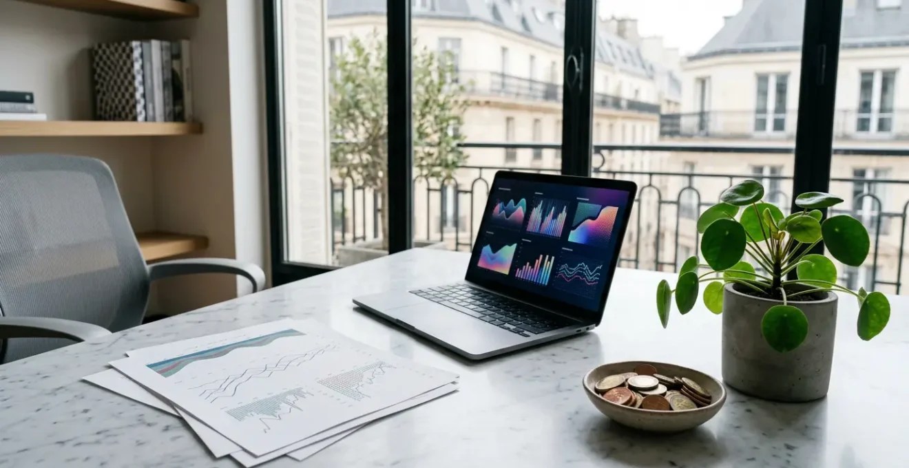 Vue d'ensemble d'un espace de travail moderne dédié à l'investissement avec graphiques financiers et documents