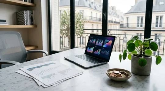 Vue d'ensemble d'un espace de travail moderne dédié à l'investissement avec graphiques financiers et documents