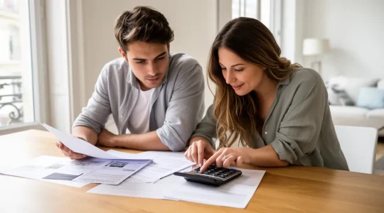Jeune couple analysant des documents immobiliers dans un appartement lumineux avec vue sur les toits de Paris