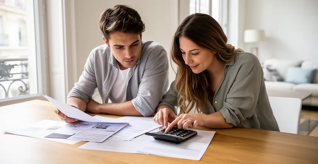 Jeune couple analysant des documents immobiliers dans un appartement lumineux avec vue sur les toits de Paris