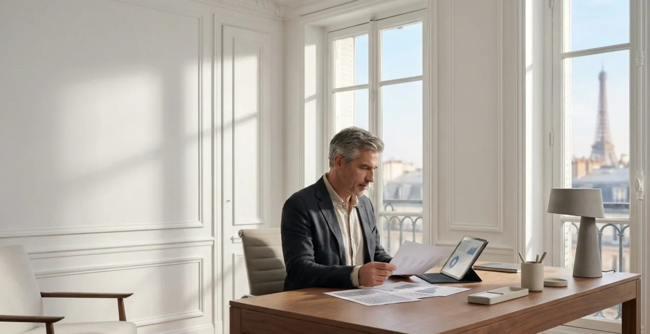 Chef d'entreprise français analysant des documents de prévoyance dans son bureau avec vue sur Paris