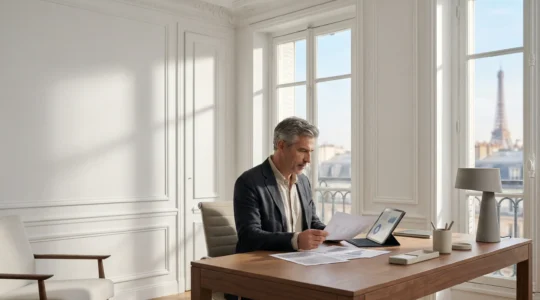 Chef d'entreprise français analysant des documents de prévoyance dans son bureau avec vue sur Paris