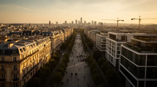Vue aérienne d'un quartier français en transformation urbaine avec différentes zones de développement