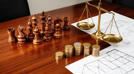 Vue aérienne d'un bureau avec documents financiers, calculatrice et main posant une pièce d'échecs