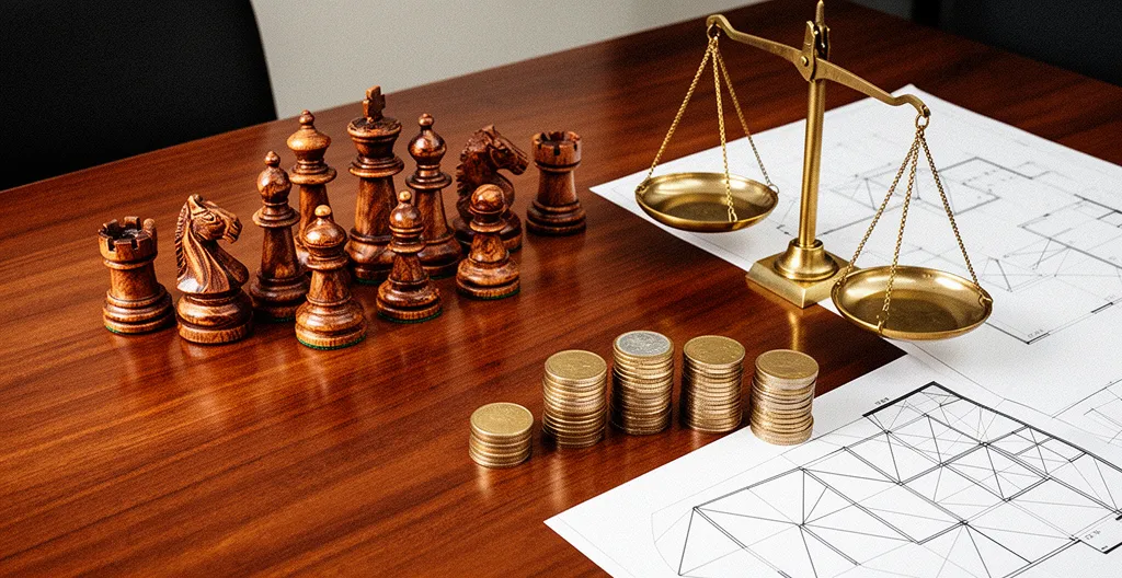 Vue aérienne d'un bureau avec documents financiers, calculatrice et main posant une pièce d'échecs