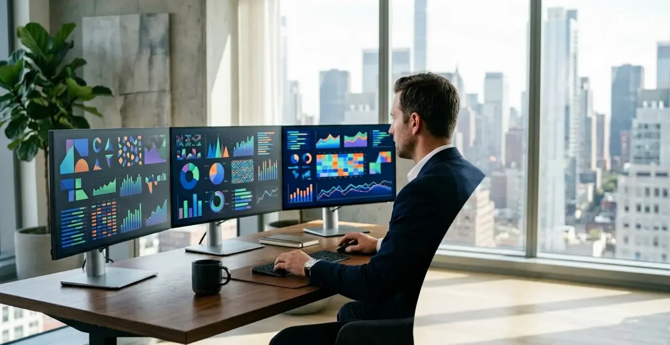 Professionnel analysant des données financières sur plusieurs écrans avec graphiques et calculs