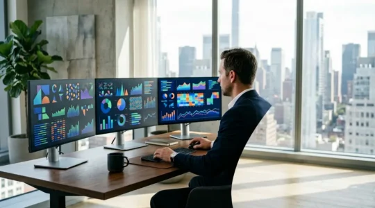 Professionnel analysant des données financières sur plusieurs écrans avec graphiques et calculs