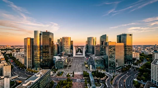 Vue aérienne des immeubles de bureaux du quartier d'affaires de La Défense à Paris