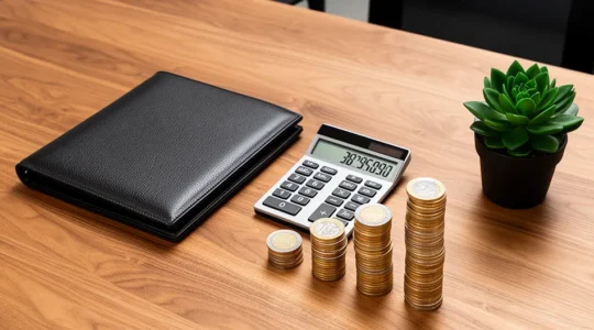 Vue aérienne d'un bureau parisien moderne avec documents financiers et calculatrice, ambiance professionnelle et lumière naturelle douce