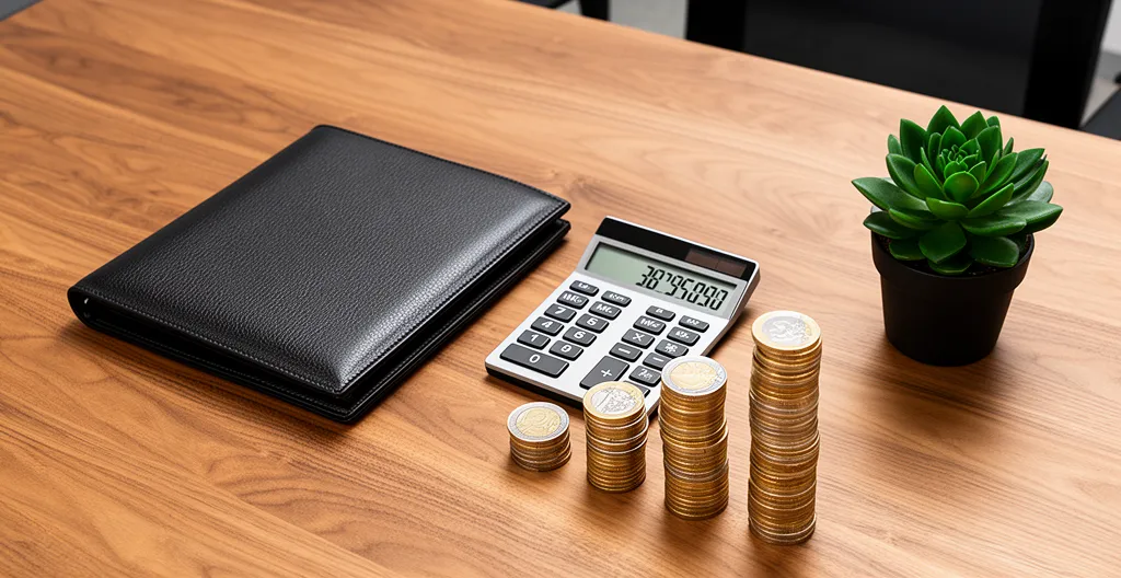 Vue aérienne d'un bureau parisien moderne avec documents financiers et calculatrice, ambiance professionnelle et lumière naturelle douce