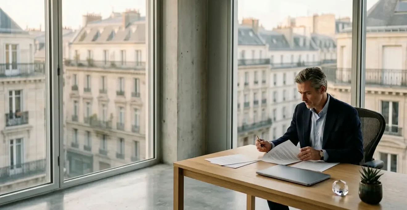 Investisseur analysant des documents fiscaux dans un bureau moderne avec vue sur Paris