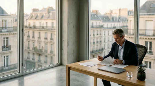 Investisseur analysant des documents fiscaux dans un bureau moderne avec vue sur Paris