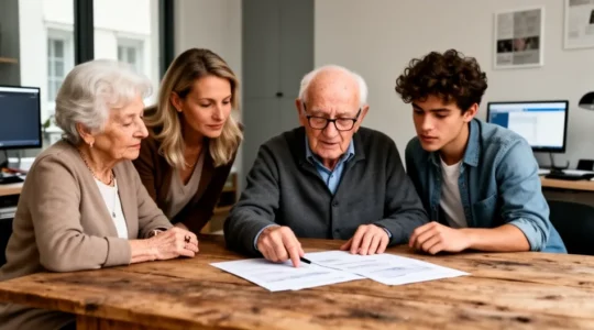 Trois générations d'une même famille examinent ensemble des documents patrimoniaux dans un bureau moderne