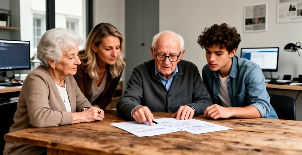 Trois générations d'une même famille examinent ensemble des documents patrimoniaux dans un bureau moderne