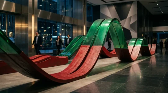 Représentation visuelle des fluctuations de marché avec des courbes graphiques abstraites dans un environnement moderne