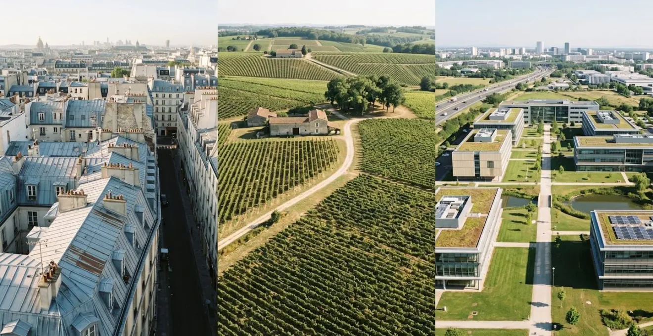 Vue aérienne de différents paysages français représentant la diversification d'investissement