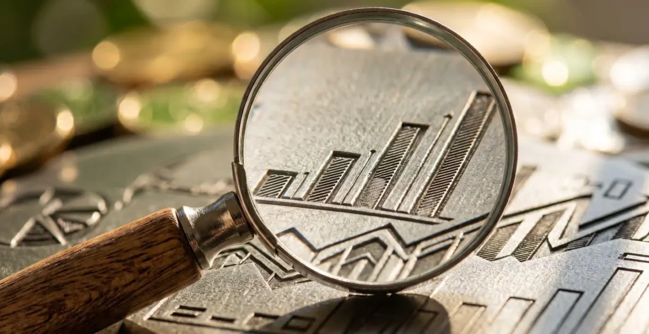 Main analysant des graphiques de croissance de dividendes avec loupe