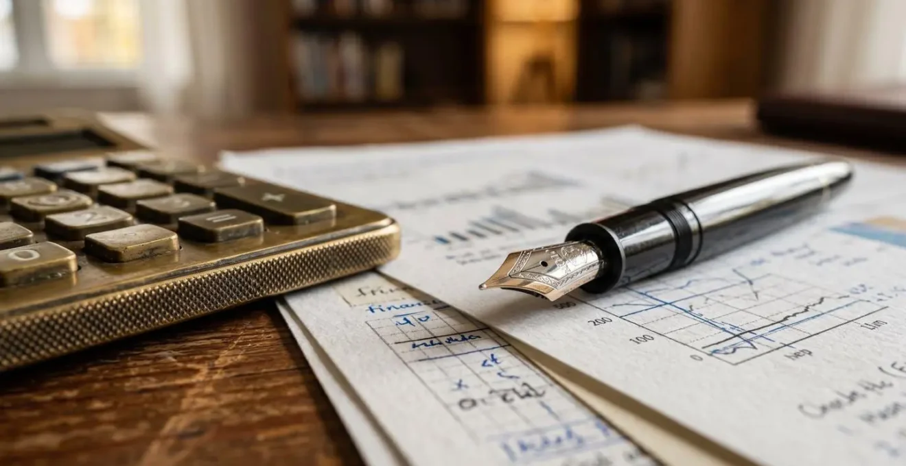 Vue macro de documents financiers avec calculatrice et stylo sur bureau en bois