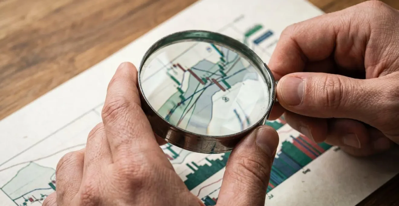 Mains analysant des documents financiers avec loupe sur bureau en bois