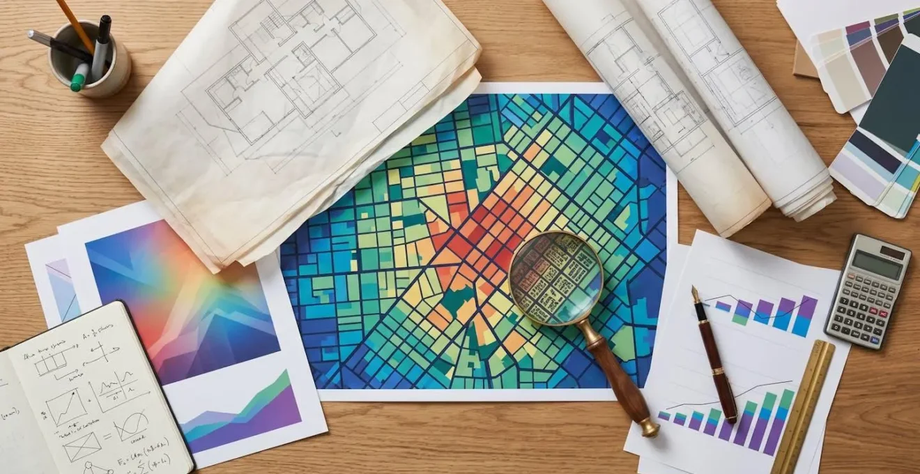 Bureau d'analyste avec graphiques de marché immobilier et cartes de zones urbaines