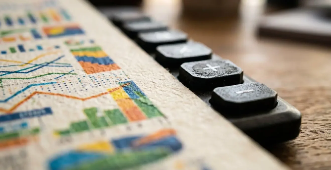 Vue macro de documents financiers imprimés avec graphiques colorés et calculatrice