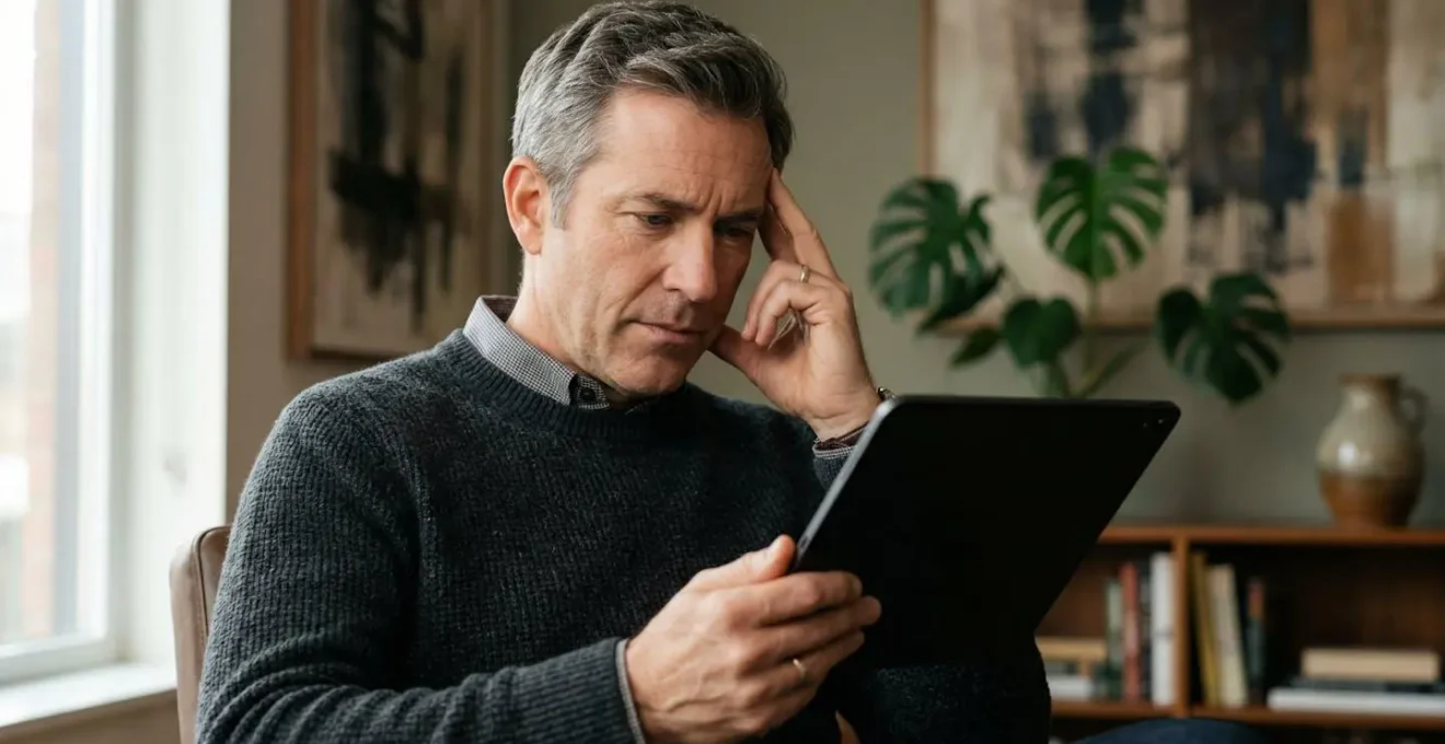 Personne analysant des graphiques financiers sur tablette dans un environnement épuré