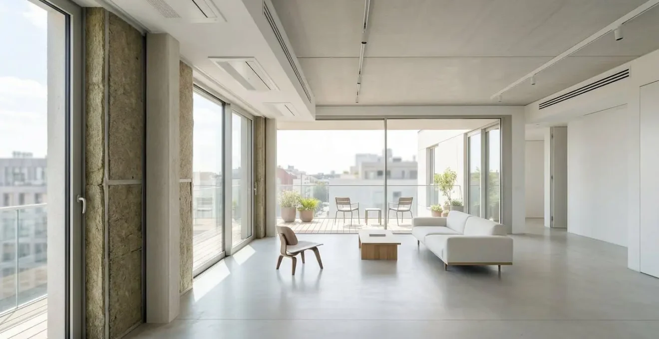 Intérieur moderne d'appartement aux normes Pinel Plus avec grandes baies vitrées