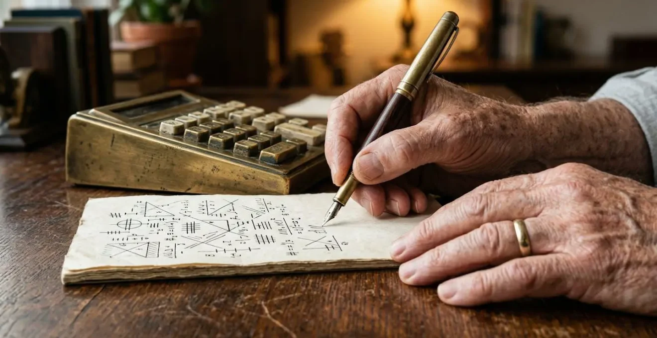Gros plan sur des mains analysant des documents de calcul de retraite avec calculatrice vintage