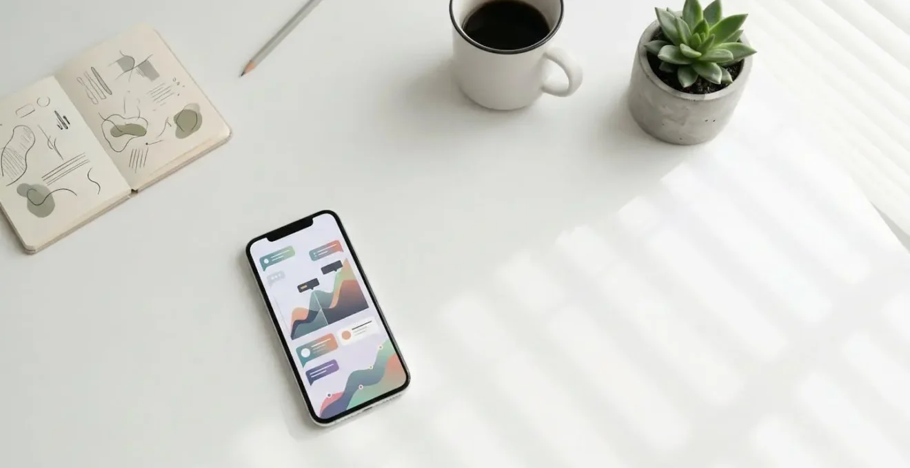 Vue aérienne minimaliste d'un bureau avec smartphone montrant des graphiques abstraits colorés