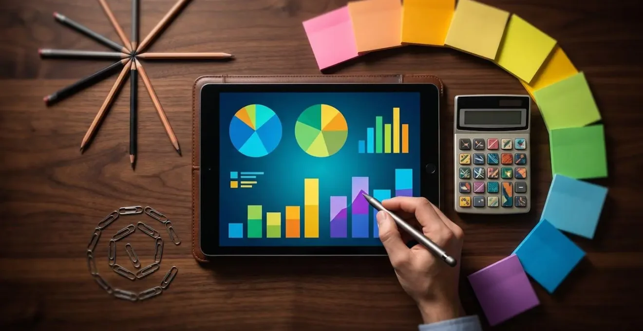 Plan rapproché d'un bureau avec tablette affichant des graphiques budgétaires colorés et calculatrice moderne