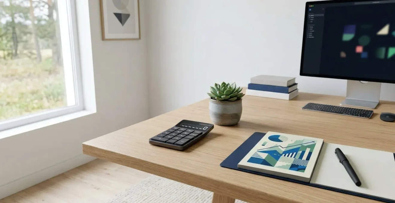Espace de travail épuré avec calculatrice moderne, graphiques abstraits colorés et plante verte, ambiance professionnelle apaisante