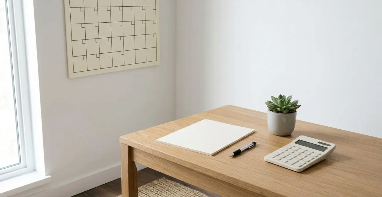 Vue environnementale d'un bureau épuré avec un calendrier mural et une calculatrice posée sur une table en bois