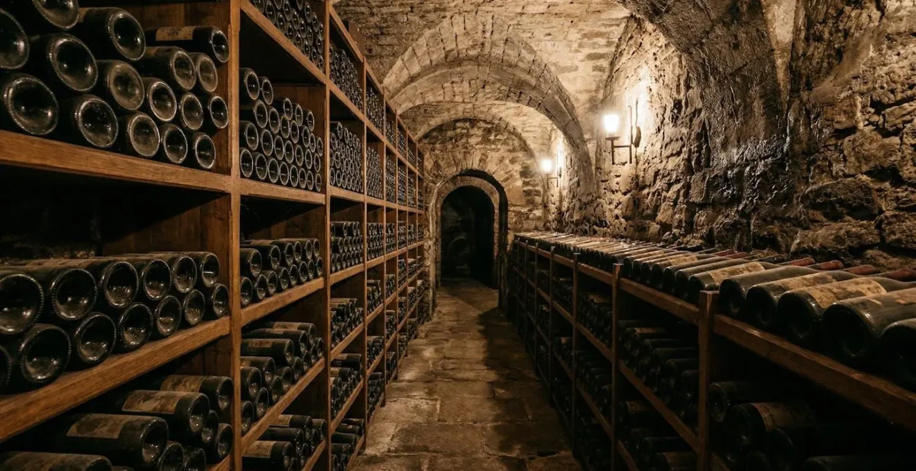 Cave à vin patrimoniale avec bouteilles de grands crus français en position horizontale