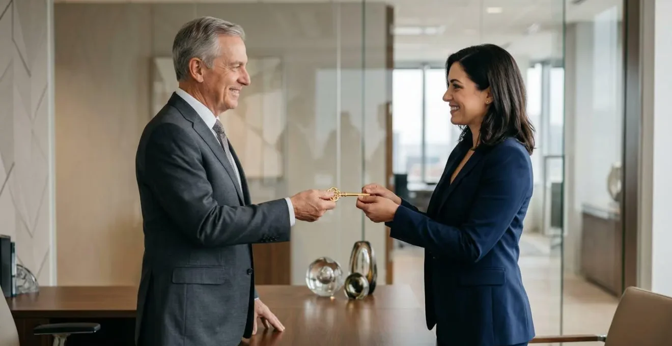 Un dirigeant d'entreprise transmet symboliquement les clés de sa société à sa fille dans un bureau moderne