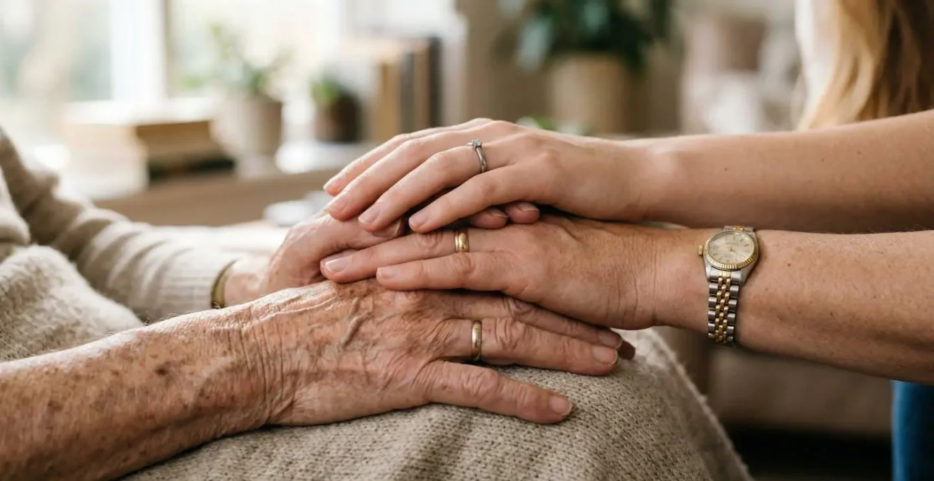 Mains entrelacées de différentes générations symbolisant la protection familiale multigénérationnelle