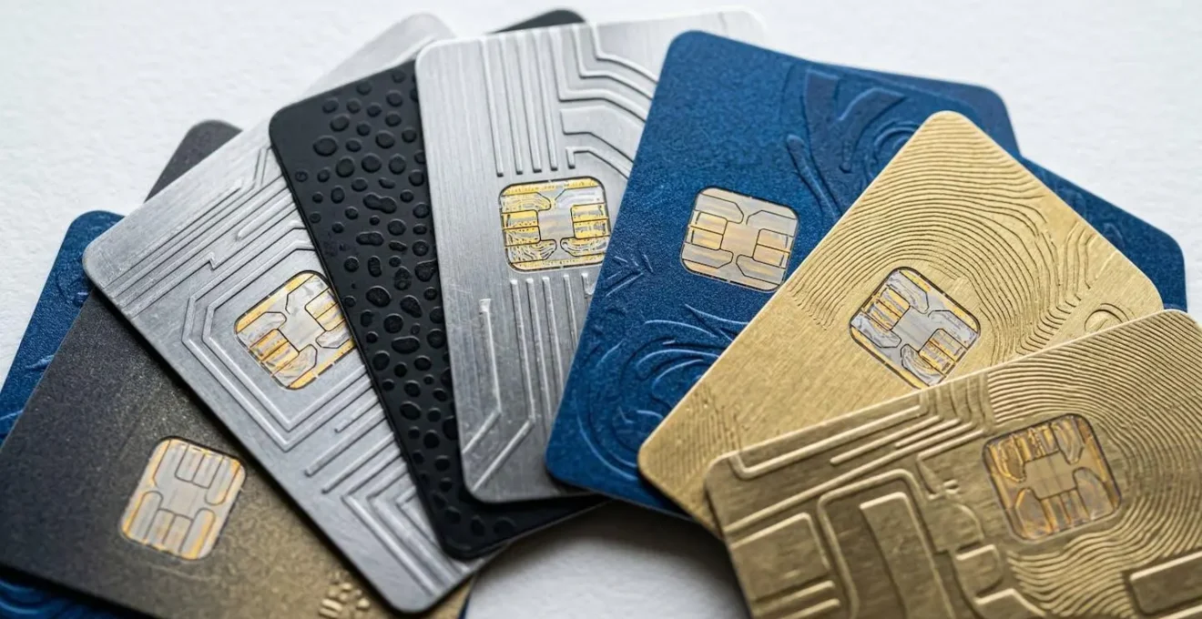 Cartes bancaires disposées en éventail sur surface claire avec documents flous en arrière-plan