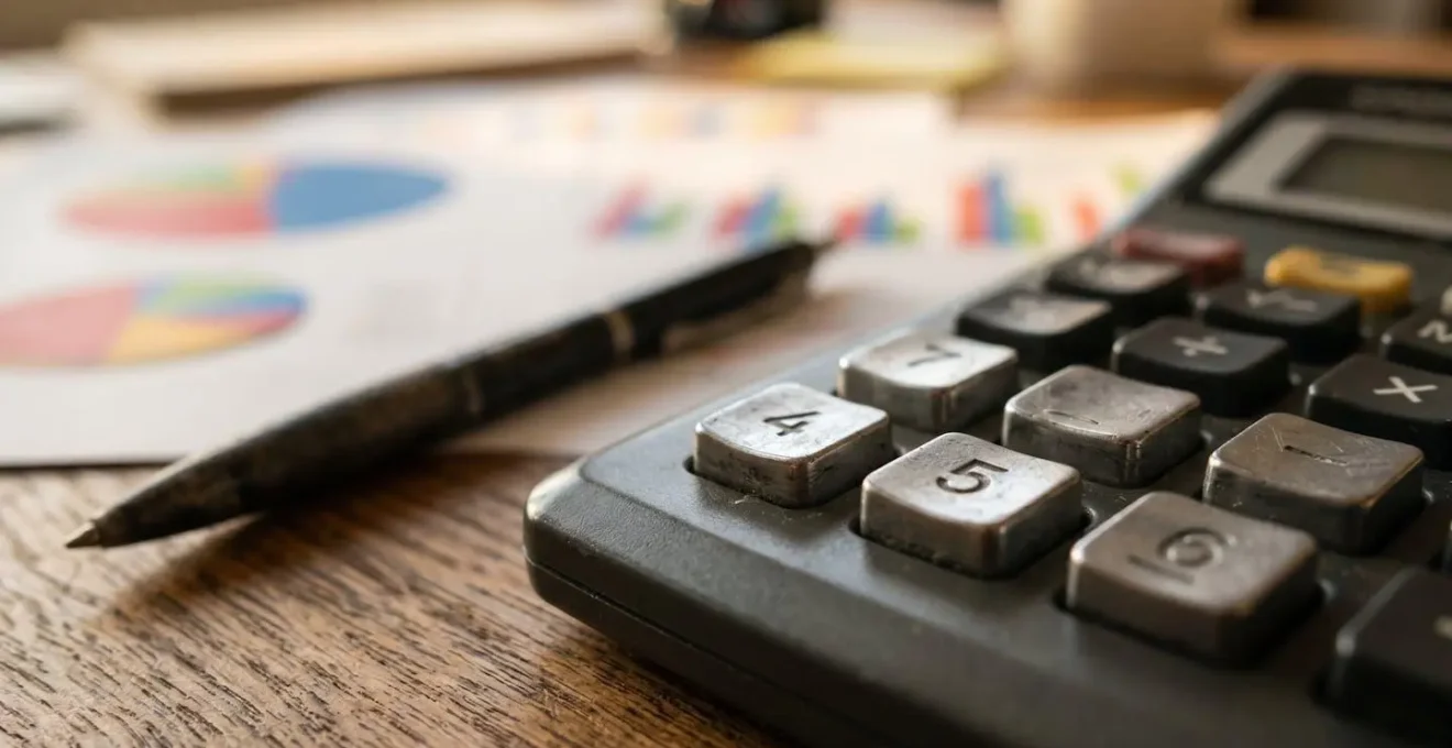 Vue macro de documents financiers avec calculatrice et graphiques colorés flous en arrière-plan